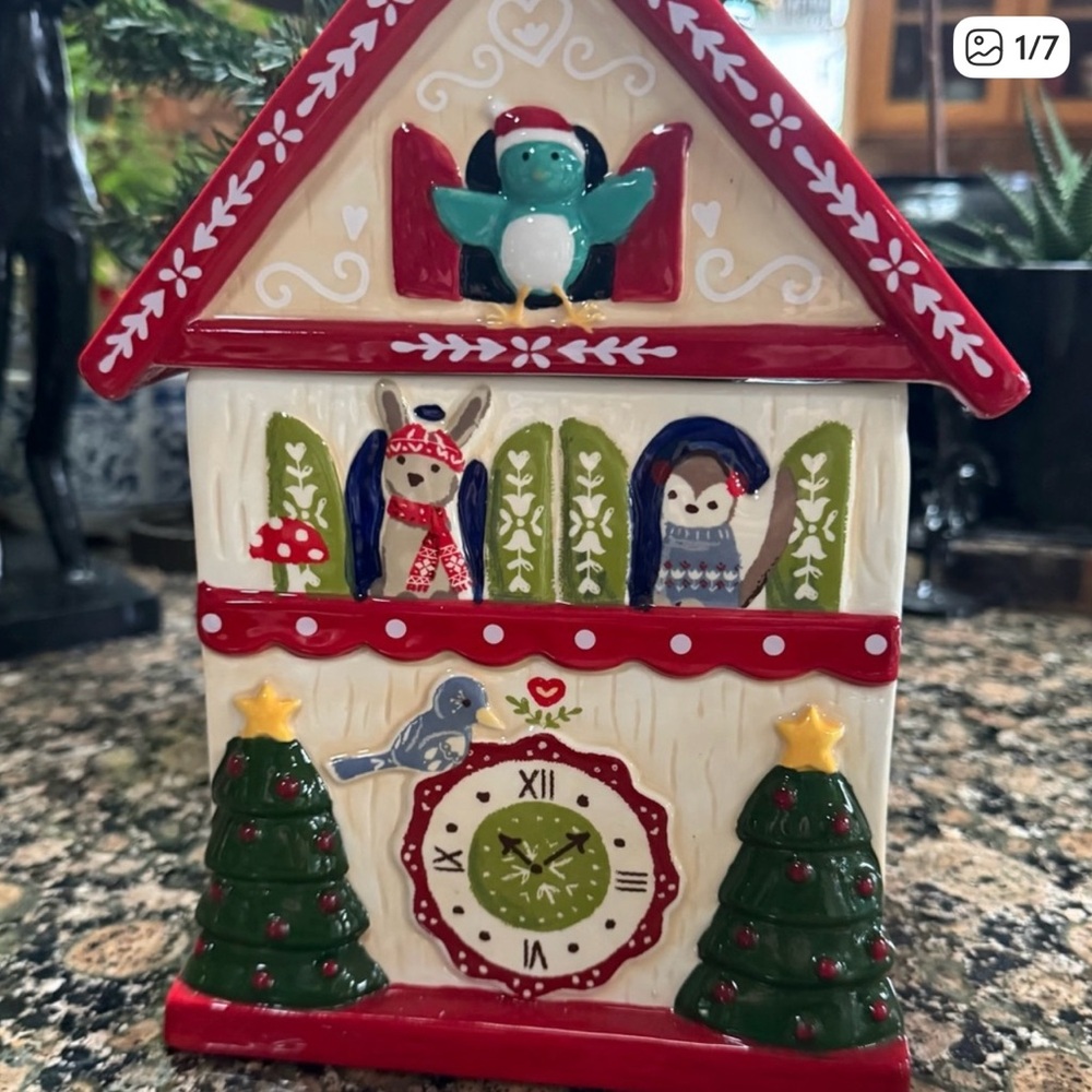 Cost Plus World Market Festive Holiday House Clock cookie jar